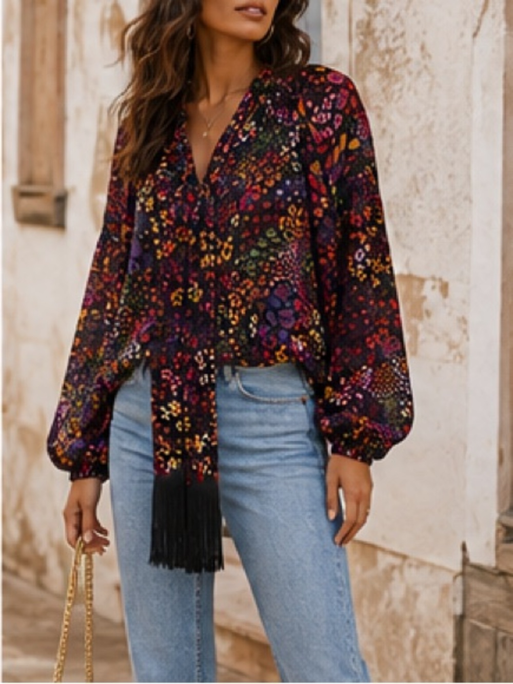 Farm Rio Floral Animal Print Blouse Balloon Sleeve $198.  Fringe Tie Neck M - Picture 7 of 8